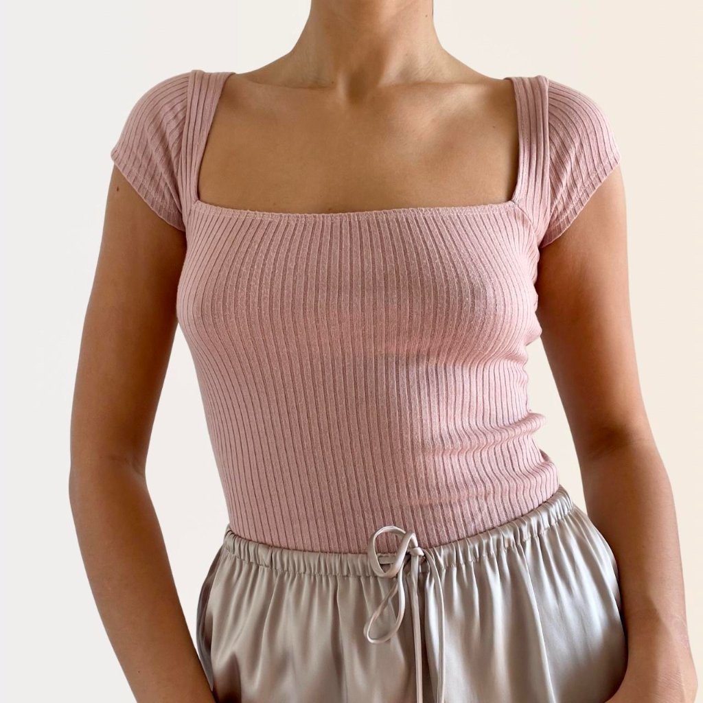 Reformation | Blush Pink "Bardot" Ribbed Square Neck Cap Sleeve T-Shirt | Sz Xs